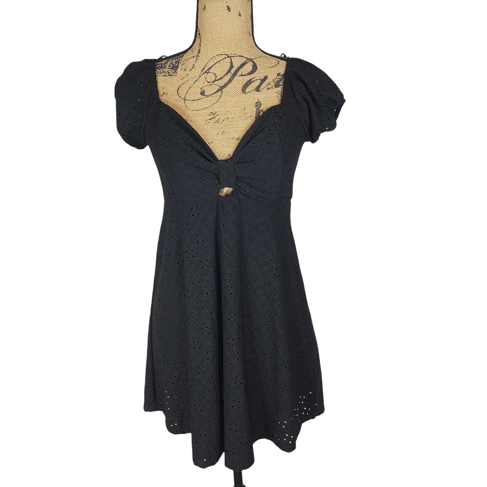 SCOBE Size Large Black Eyelet Peek A Boo Jersey Knit Cut Out Babydoll Mini Dress